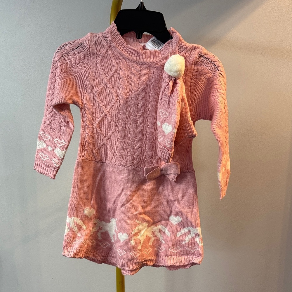 Pink Cable Knit Kids Sweater Dress with hearts and unicorn NEW 3T